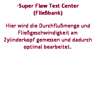 Textfeld: Super Flow Test Center (Fliebank) 
Hier wird die Durchflumenge und Fliegeschwindigkeit am Zylinderkopf gemessen und dadurch optimal bearbeitet.

